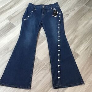 Elegant Navy Flare Jeans with Button Detail